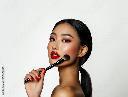 Stylish asian woman with red lips and sleek hair holding a makeup brush, isolated on a white background