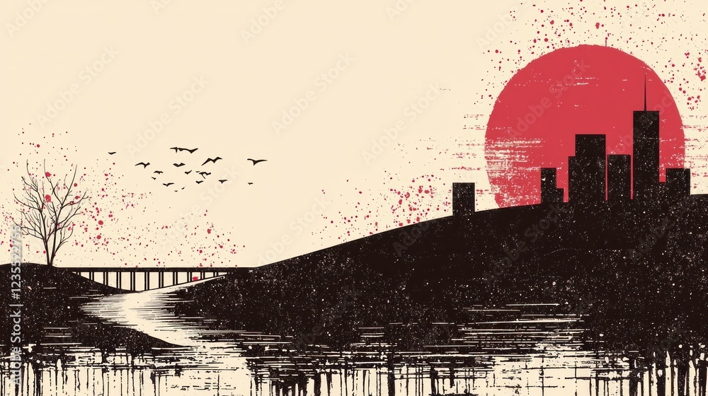 Obraz premium Grunge Cityscape Sunset Birds Bridge Abstract Art