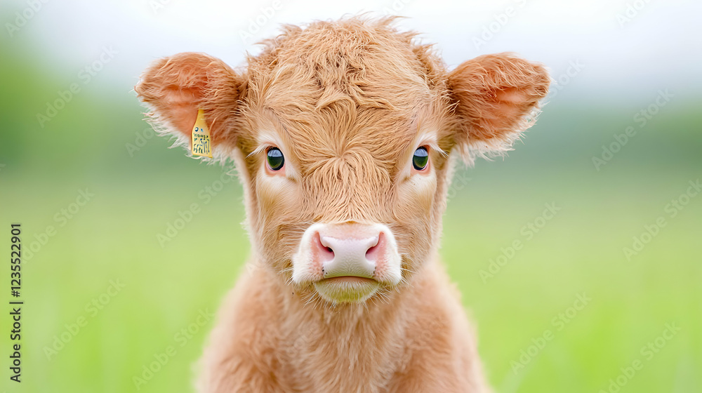 Cute calf, field, spring, green pasture, rural scene, farm animal portrait Cute calf, field, spring, green pasture, rural scene, farm animal portrait