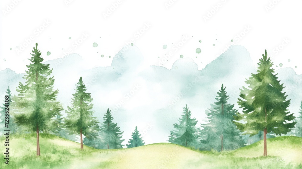 Fototapeta premium A serene landscape featuring lush green trees and misty mountains in the background, capturing the beauty of nature and tranquility.