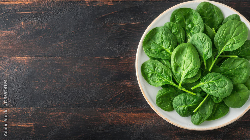 Fresh spinach leaves arranged neatly on white plate, vibrant green color