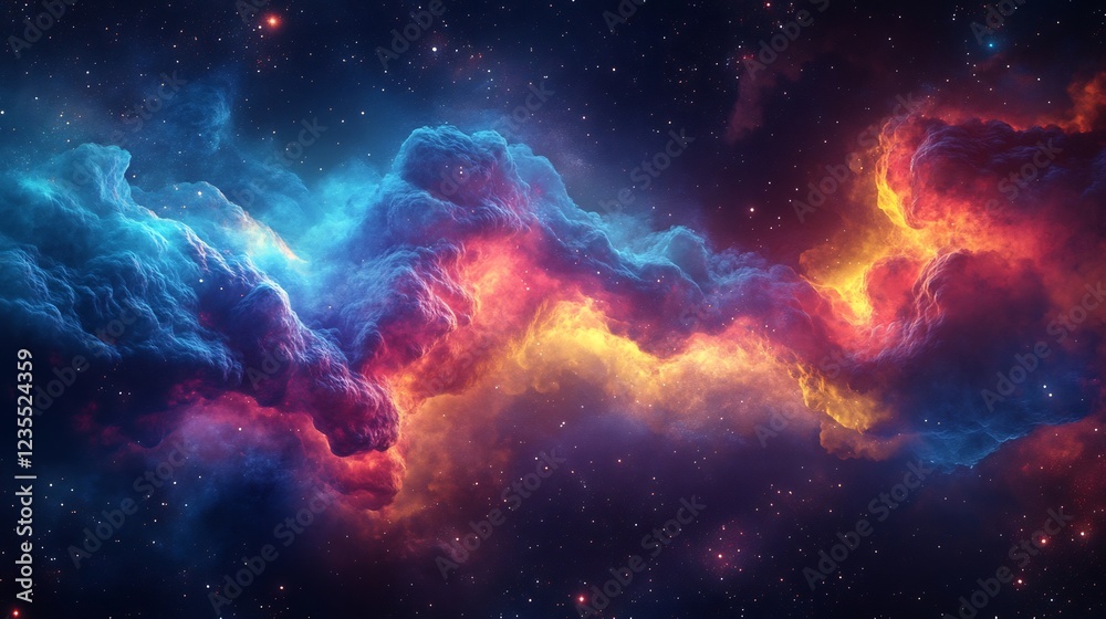 Fototapeta premium Cosmic Nebula Swirls Vividly Blue Orange Hues. AI Generated