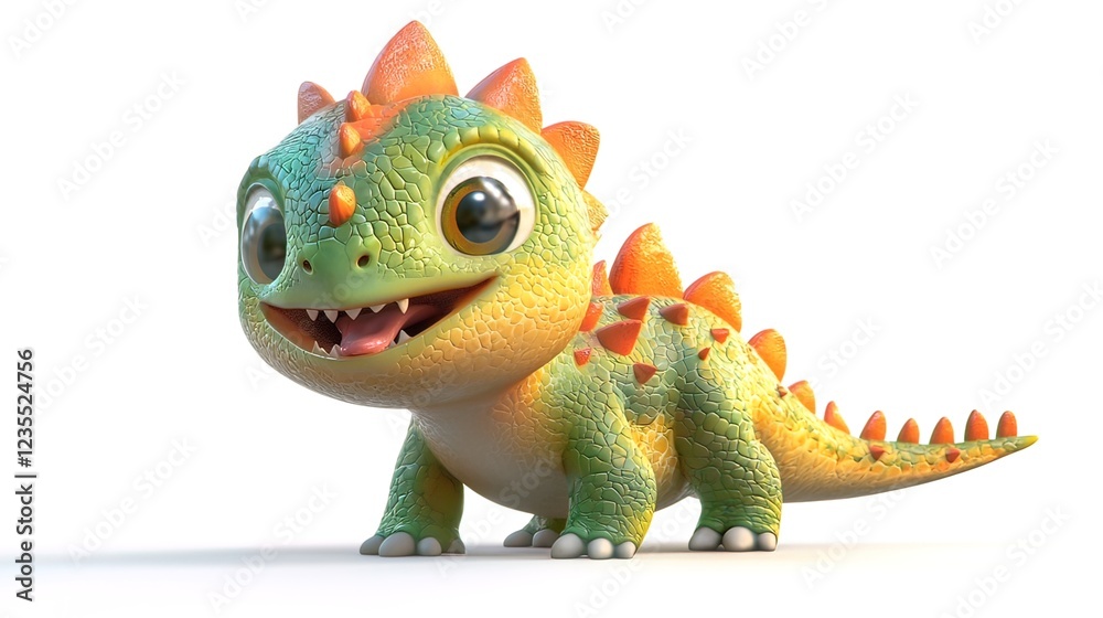 Obraz premium Adorable cartoon baby dragon with green and orange scales, big eyes, and a cheerful expression, isolated on white background.