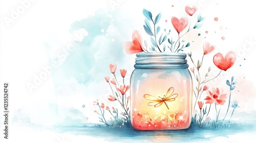A whimsical illustration featuring a glowing jar with a dragonfly, surrounded by delicate flowers and hearts, evoking feelings of love and nature.