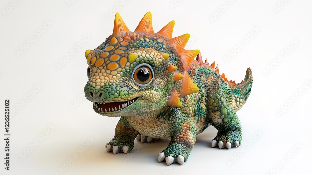 Obraz premium Adorable cartoon dinosaur figurine, green, orange, yellow scales, spikes, happy expression, white background.