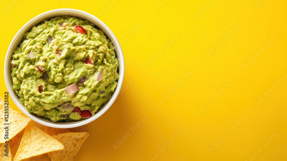 Creamy guacamole served with crispy tortilla chips on bright yellow background Creamy guacamole served with crispy tortilla chips on bright yellow background