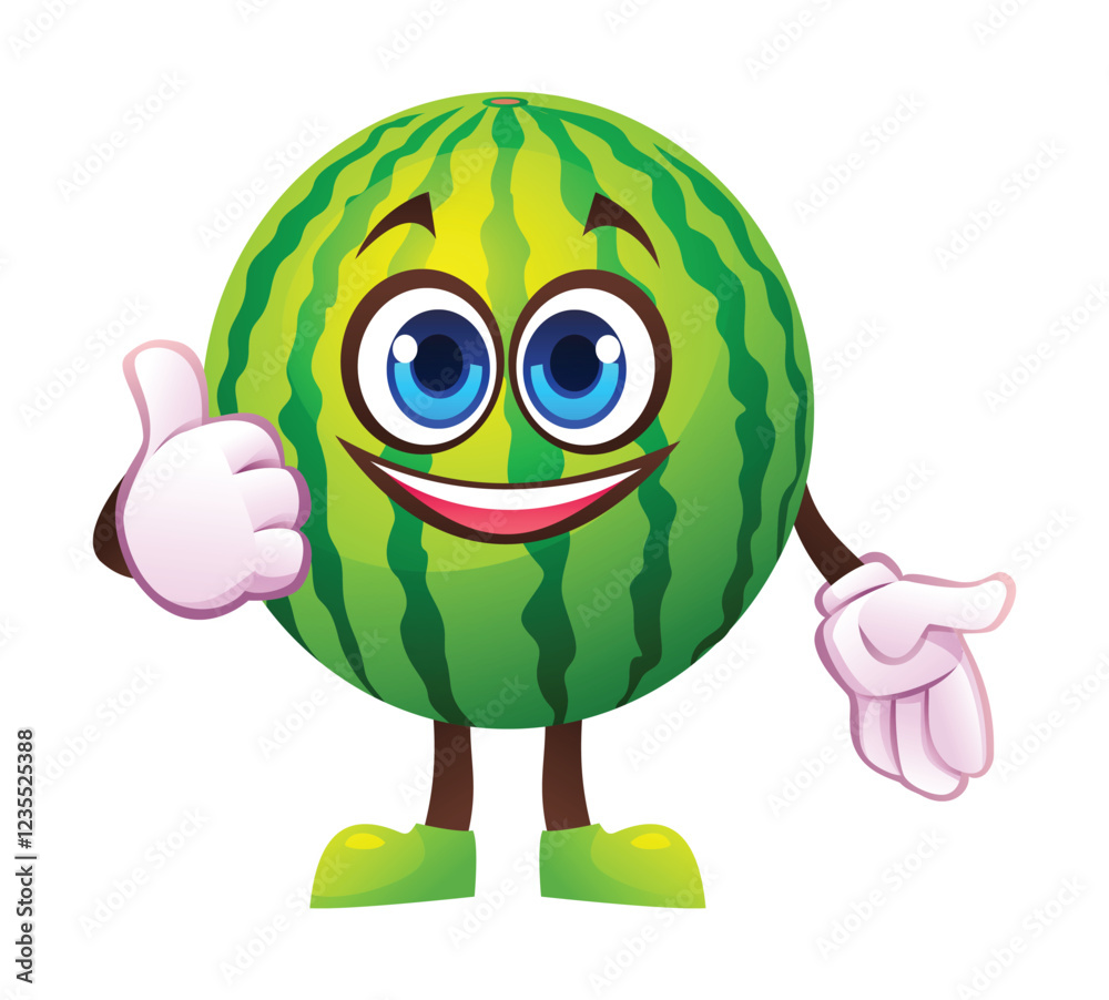 Fototapeta premium Cute watermelon character giving a thumbs up with smile, showing approval. Vector cartoon illustration