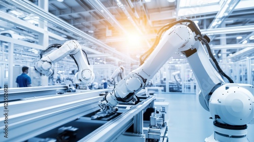 A state-of-the-art industrial robotics testing facility with engineers fine-tuning automated assembly processes using advanced robotic arms, Robotics testing facility scene