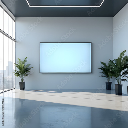 Modern living room interior with a flat screen TV mounted on the wall