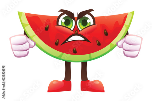 Angry watermelon slice character with clenched fists, expressing frustration. Vector cartoon illustration