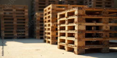 Wooden shipping pallets stacked outdoors in sunlight, showing intricate details of construction and texture.