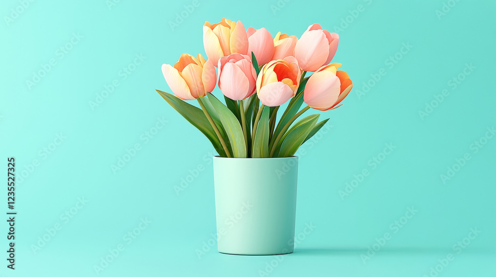Obraz premium Peach Tulips in Teal Vase: A delicate bouquet of peach-colored tulips arranged in a light teal vase against a soft aqua background. The image evokes feelings of springtime freshness and serenity.