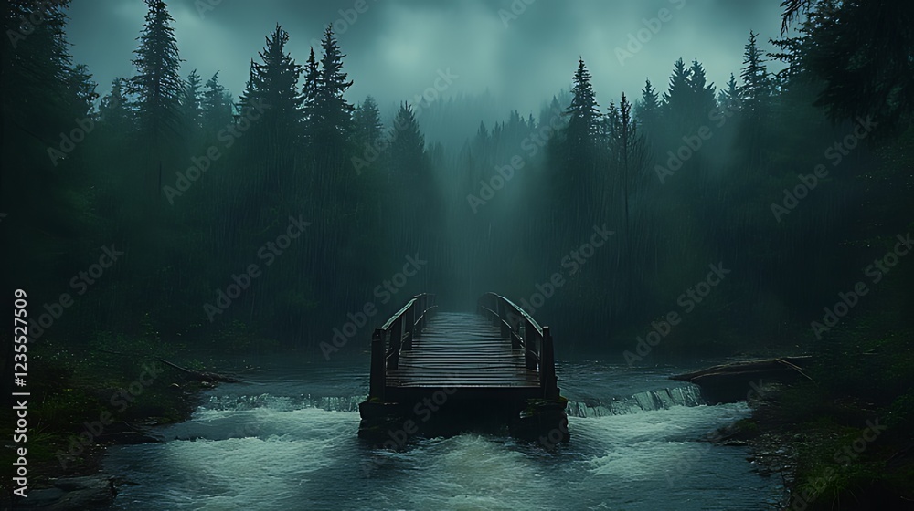 Misty forest bridge over rushing stream Misty forest bridge over rushing stream