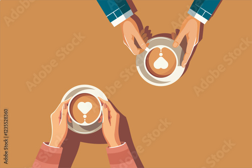 Illustration of male and female hands holding a cup of coffee with foam. Top view of a table in a cafe. Warm time in autumn. Hot coffee with a heart. Vector illustration.