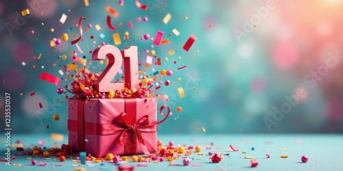 A celebratory gift box exploding with colorful confetti and the number twenty-one