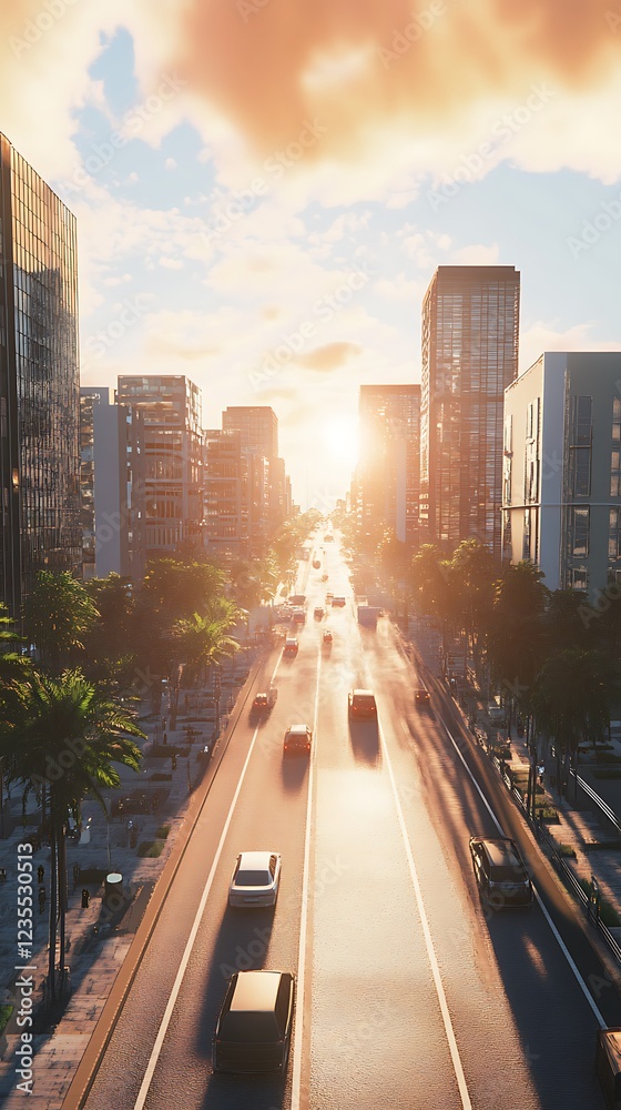 Fototapeta premium A vibrant cityscape at sunset with bustling traffic and modern buildings.