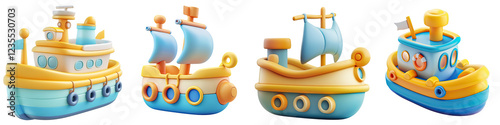 Set Icon ship cartoon 3d. PNG transparent background.