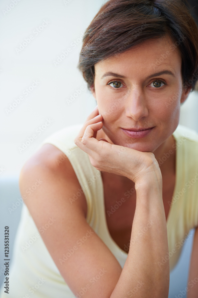 Home, sofa and woman in portrait for relax, comfortable and satisfaction on weekend holiday. House, female person and chilling in lounge for day off, wellness and mindfulness on couch in apartment Home, sofa and woman in portrait for relax, comfortable and satisfaction on weekend holiday. House, female person and chilling in lounge for day off, wellness and mindfulness on couch in apartment