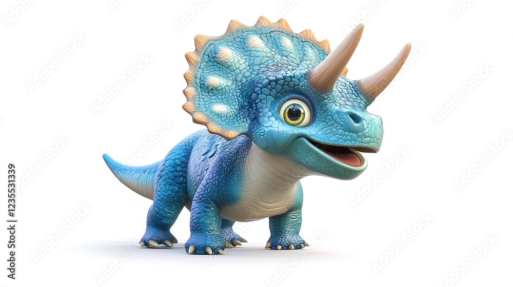 Fototapeta premium Cute cartoon Triceratops dinosaur, blue, white, isolated on white background.