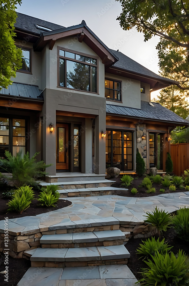 Fototapeta premium Luxury Modern Home Exterior: Stone Pathway, Landscaping, and Contemporary Design