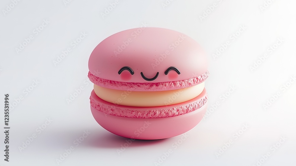 Cute pink cartoon macaron with happy face on white background. Cute pink cartoon macaron with happy face on white background.