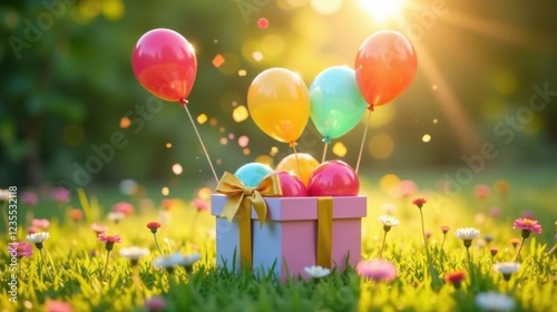 Fototapeta Naklejka Na Ścianę i Meble -  A gift box overflowing with colorful balloons sits nestled amongst a field of wildflowers bathed in golden sunlight.
