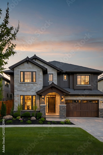 Luxury Modern Home Exterior at Dusk: Elegant Stone and Brick Design