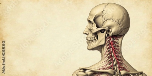 Detailed anatomical illustration of a human skull and cervical spine with prominent vascular network on an antique parchment background