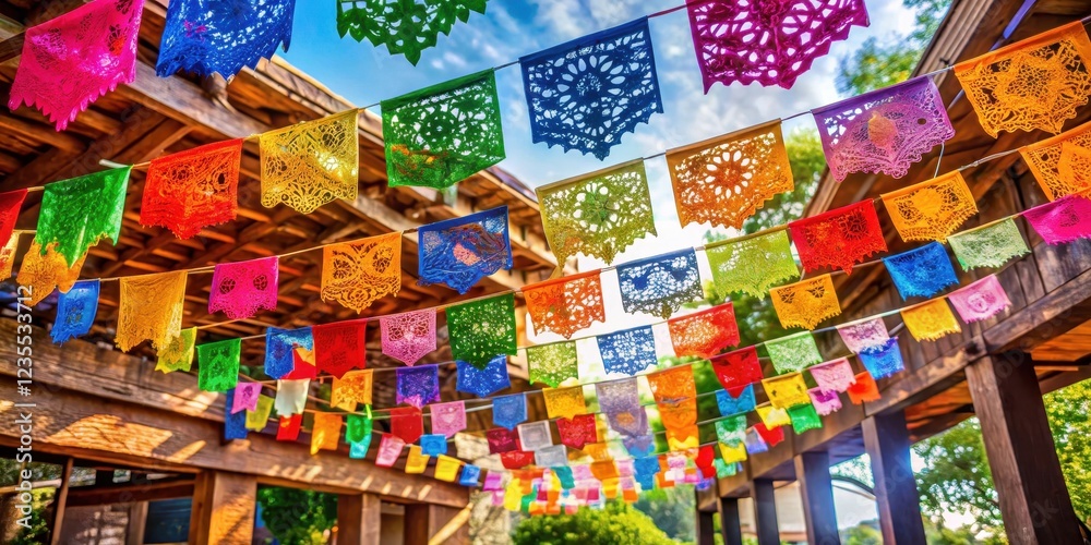 Naklejka premium Colorful papel picado hanging from a wooden archway over a vibrant outdoor celebration, festive atmosphere, vibrant colors