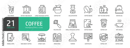 Set Of Coffee Line Icons. The set includes a Coffee Beans, Poltafilter, Coffee Maker, Coffee Cup, Tamper, Coffee Shop, Street Cafe, Coffee Pot and more.