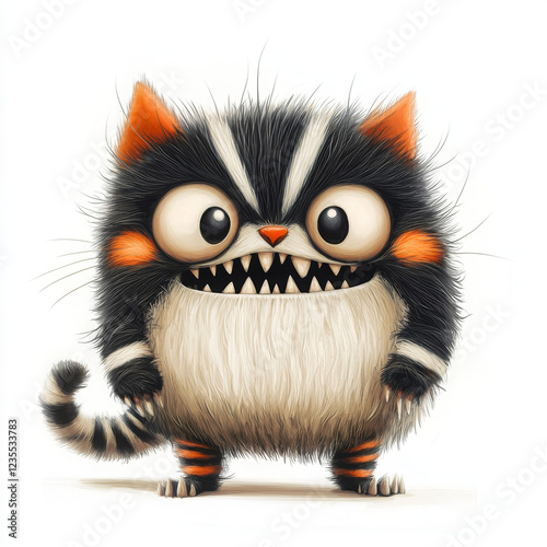 cute, furry monster with big eyes and sharp teeth, standing confidently