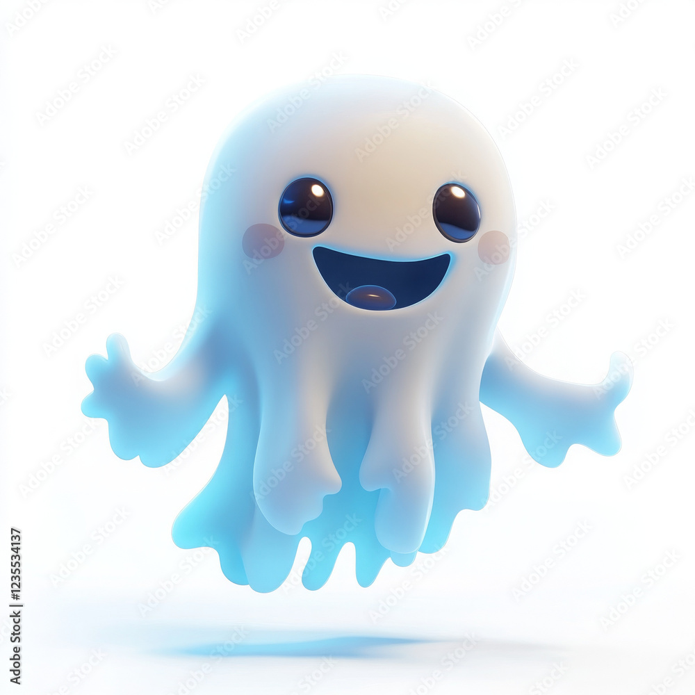 Cute cartoon ghost character with happy expression, floating playfully Cute cartoon ghost character with happy expression, floating playfully