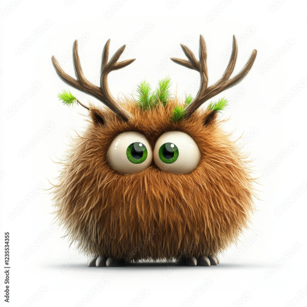 Fototapeta premium Fluffy cartoon creature with antlers and green accents, cute and whimsical