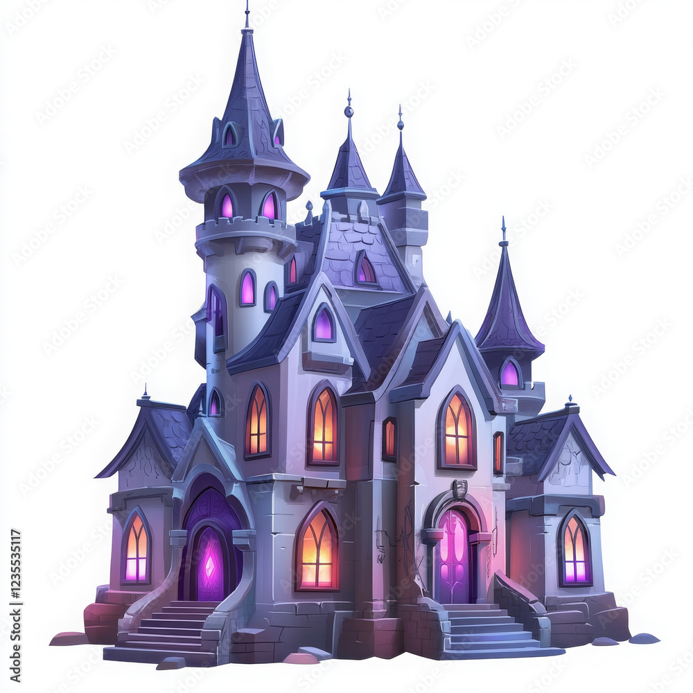 Obraz premium whimsical magical castle with tall spires and glowing windows