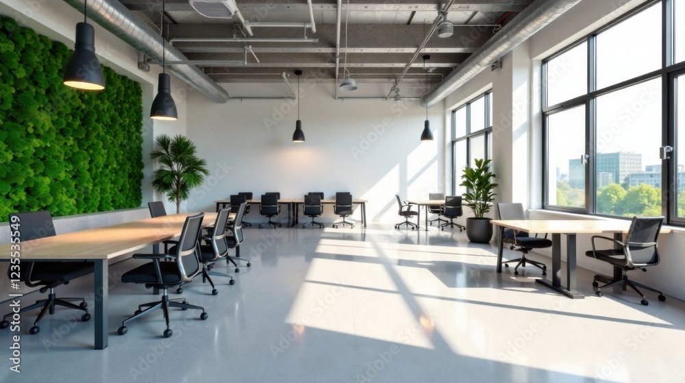 Modern sunlit office space with light wood desks, black ergonomic chairs, and a vibrant green wall Modern sunlit office space with light wood desks, black ergonomic chairs, and a vibrant green wall