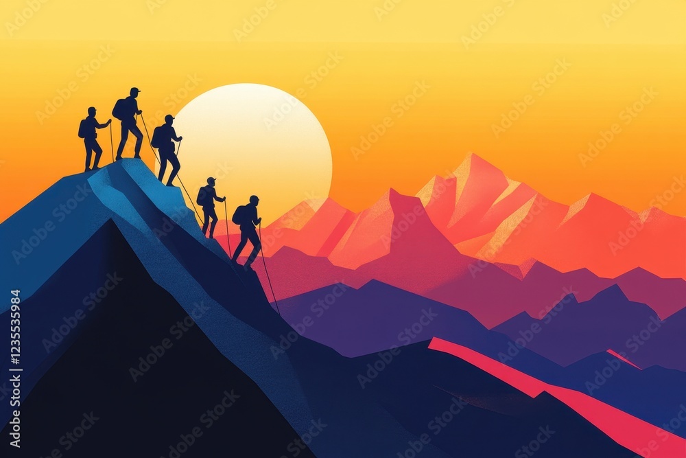 Fototapeta premium Hikers ascend a mountain at sunset towards a distant range
