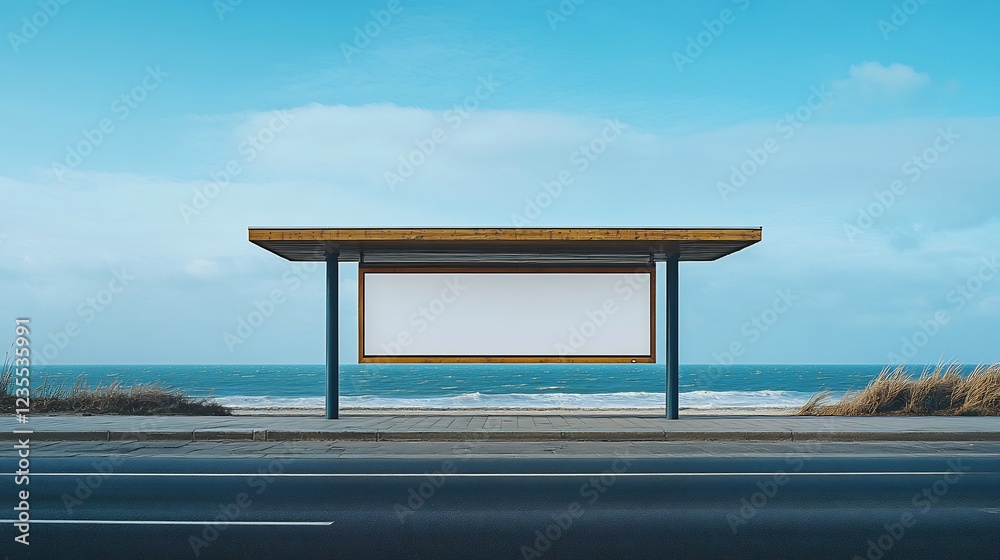 Blank Seaside Billboard Bright Day Calm Ocean View. AI Generated Blank Seaside Billboard Bright Day Calm Ocean View. AI Generated