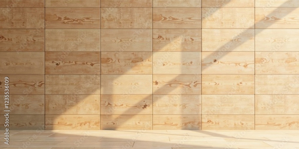 Obraz premium Sunlight Illuminates a Room with Light Brown Wood-like Tiles on the Walls and Matching Floor