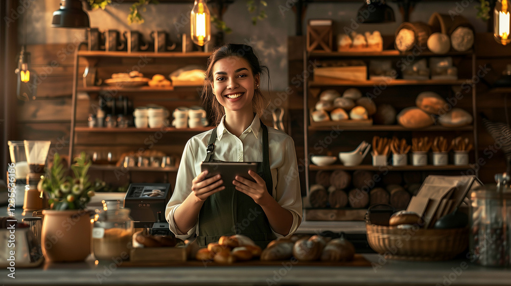 Obraz premium Smiling female bakery employee holding a tablet surrounded by fresh bread and rustic decor