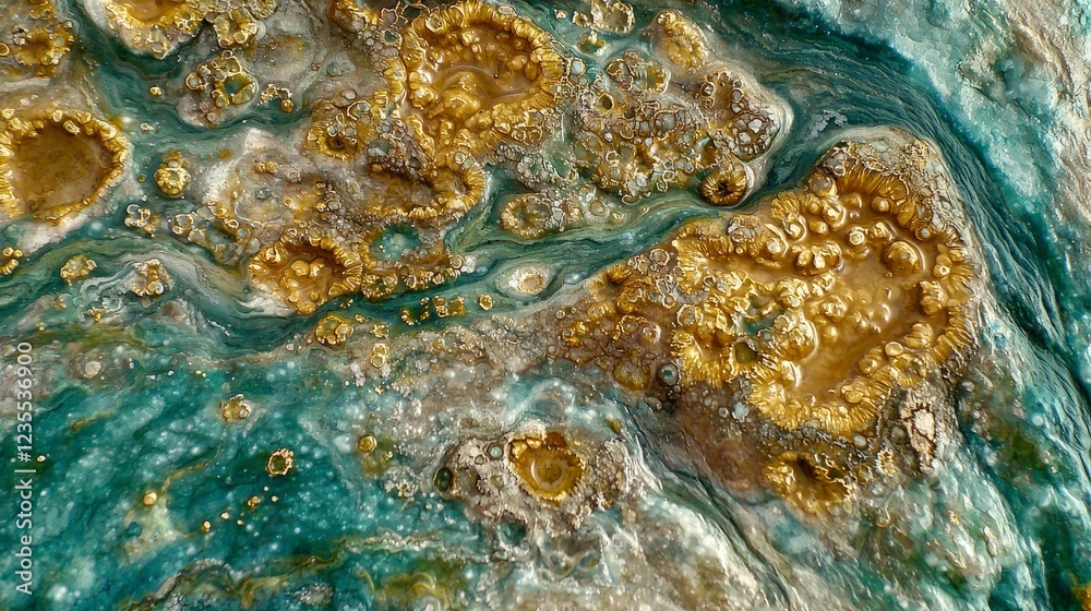 Fototapeta premium Abstract Aerial View of Colorful Fluid Art with Golden Accents