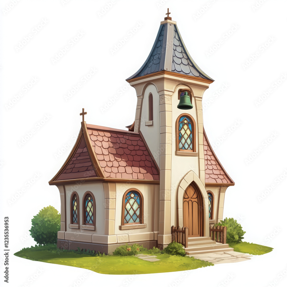 quaint church with bell tower and colorful windows, surrounded by greenery quaint church with bell tower and colorful windows, surrounded by greenery