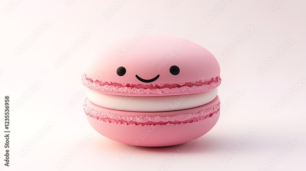 Fototapeta premium Pink smiling macaron pastry on white background.