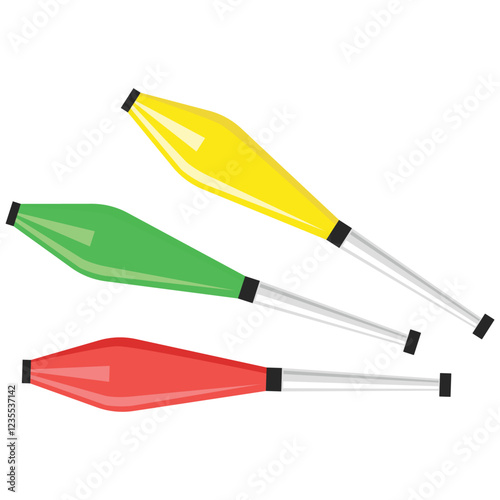 Title Three juggling clubs red green yellow rest on white background. Suitable for circus, entertainment, performer, colorful, juggling the med designs and projects.