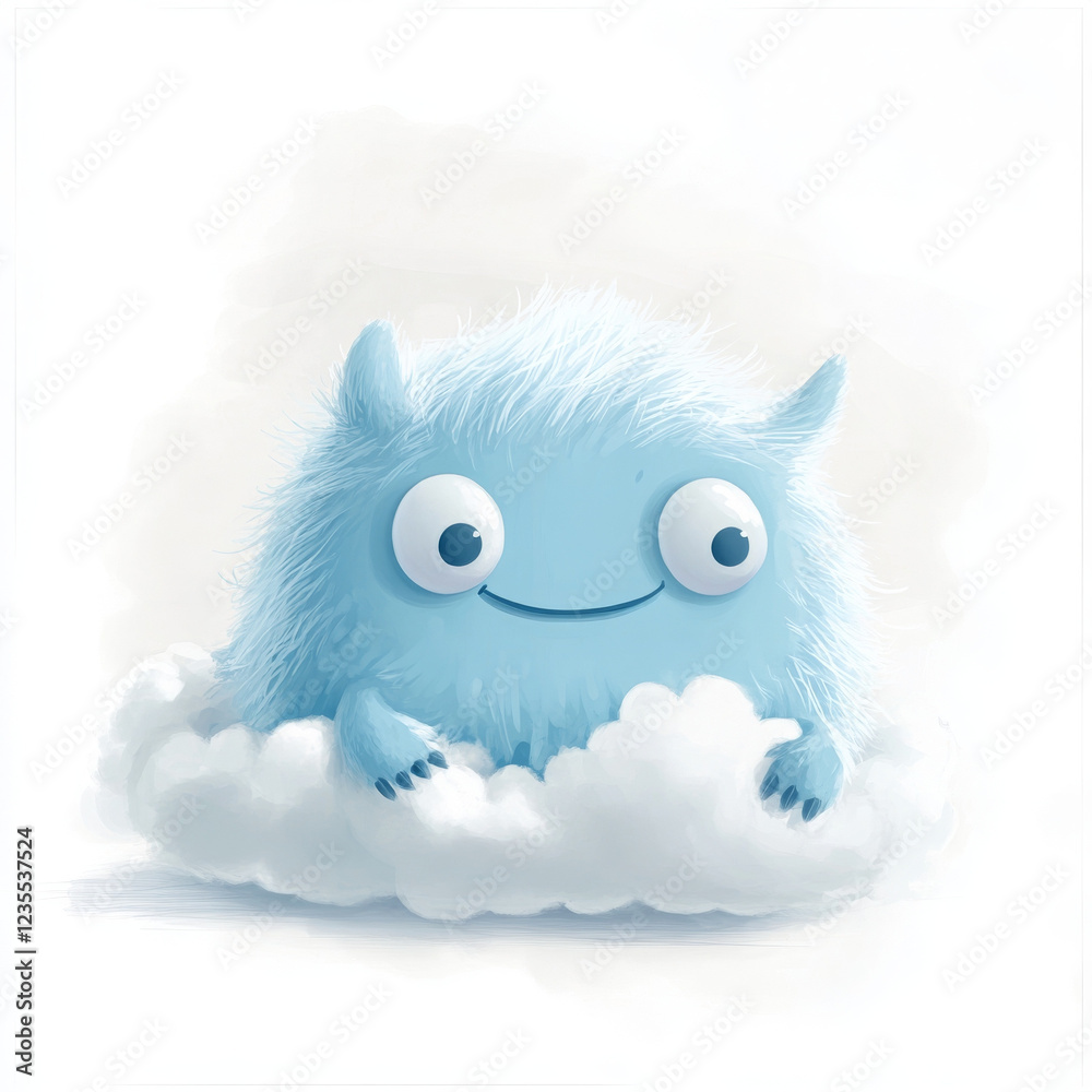 Obraz premium Fluffy blue monster character with big eyes sitting on cloud, cheerful and cute