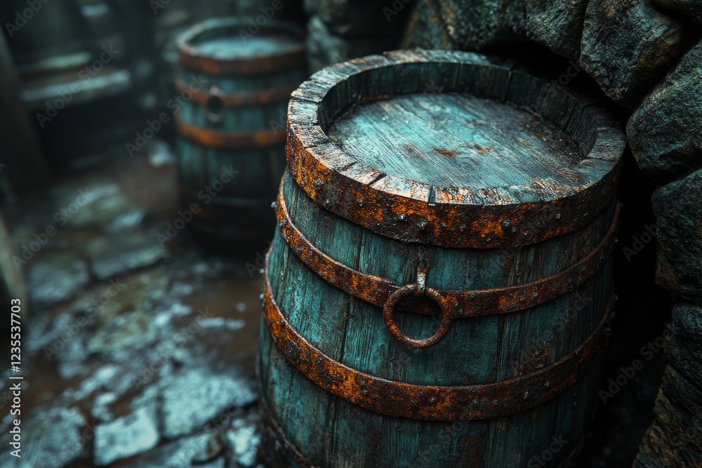 Weathered Wooden Barrel with Rusty Metal Rings Standing Alone in Abandoned Field Under Gray Sky Weathered Wooden Barrel with Rusty Metal Rings Standing Alone in Abandoned Field Under Gray Sky