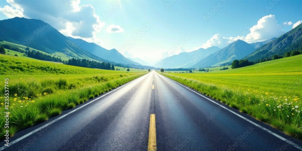 custom made wallpaper toronto digitalAsphalt highway stretching towards majestic mountain range under a vibrant summer sky, flanked by lush green meadows blooming with wildflowers