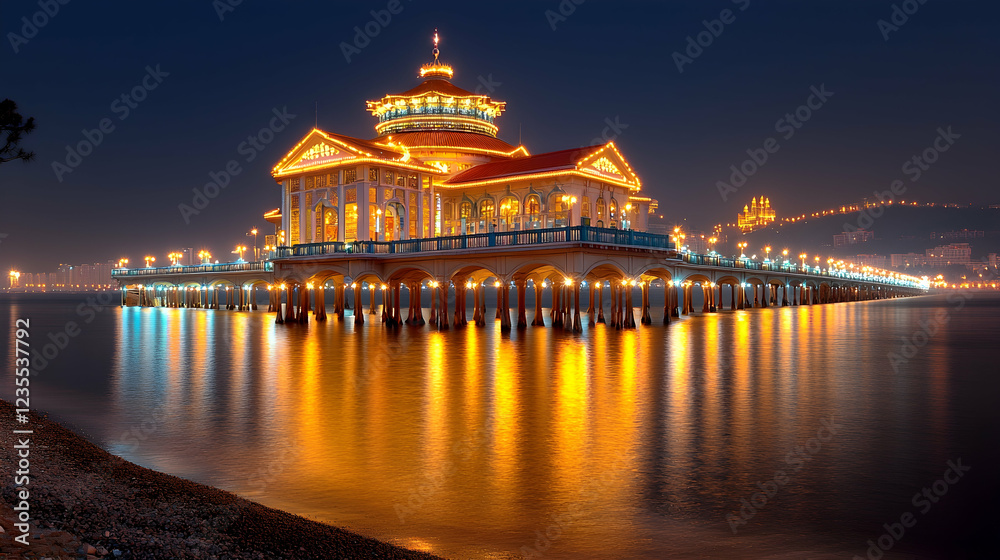 Obraz premium Illuminated Zhanqiao Pier pavilion glowing at night with golden light reflections on the calm sea water in Qingdao, China.