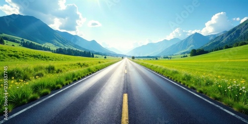 Wallpaper Mural Asphalt highway stretching towards majestic mountain range under a vibrant summer sky, flanked by lush green meadows blooming with wildflowers Torontodigital.ca