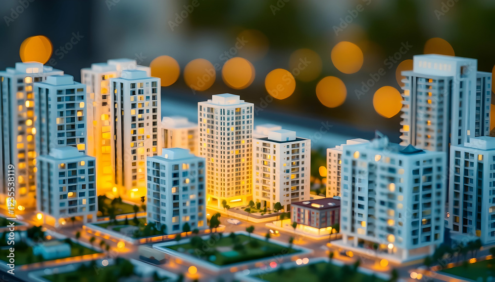 Obraz premium City skyline at night, miniature effect, tilt-shift photography, glowing windows, high-rise buildings, urban landscape, bokeh lights, detailed architectural models, warm color tones, cityscape diorama