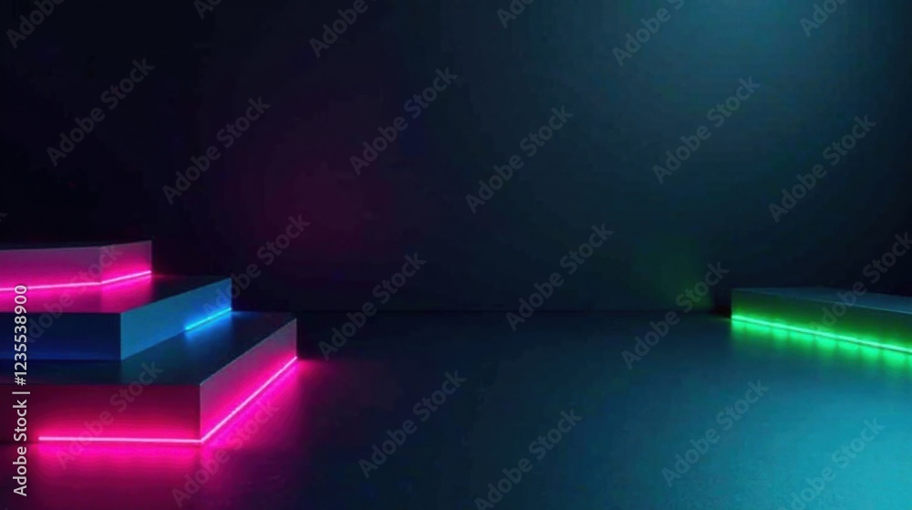 Obraz premium Abstract Neon Glowing Platforms in Dark Room, Ideal for Product Displays or Futuristic Backgrounds